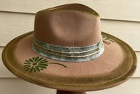 Image 2 of Painted Tan/Green Fedora Hat Green Band Feathers
