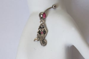 Image of Antiqued Sterling Silver Plated Pewter Mermaid Charm and Double Pink Gem Belly Button Piercing