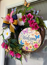 Image 4 of Welcome Butterfly & Floral Wreath with Bow - Pink, White, Yellow, Navy