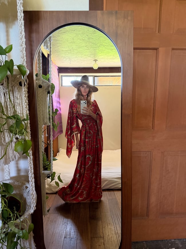 1960s red paisley angel sleeve satin scarf maxi dress gown 70s