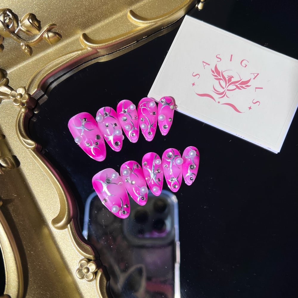 Image of Hot Pink Silver Punk Style Press On Nails
