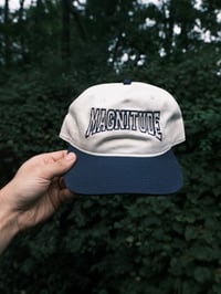 Varsity hat (navy + cream white)