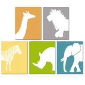 Image of Jungle Animal Nursery Art Prints Set of 5 - Elephant, Giraffe, Zebra, Lion & Rhino 