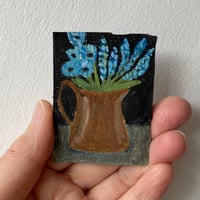 Blue flowers in a brown jug - tiny painting 
