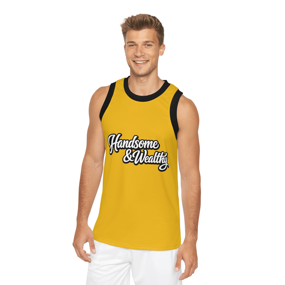 Image of Handsome & Wealthy Basketball Jersey — Yellow Retro Script Tank Top