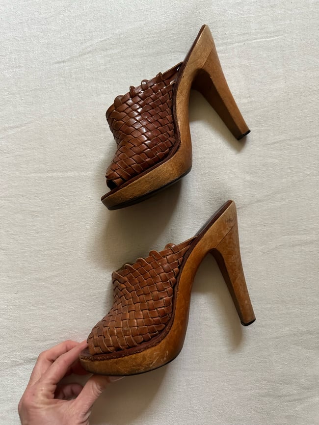 70s wood and leather basketweave mule platforms 