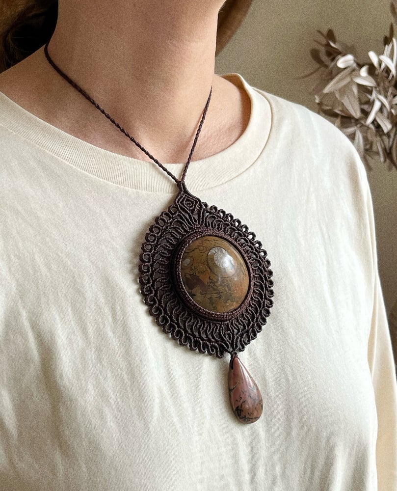 Image of Macrame necklace with ammonite fossil and rhodonite 