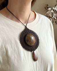 Image 2 of Macrame necklace with ammonite fossil and rhodonite 