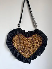 Image 2 of Leopard Print Heart Sling Bag – Handmade Quilted Statement Bag with Satin Ruffle