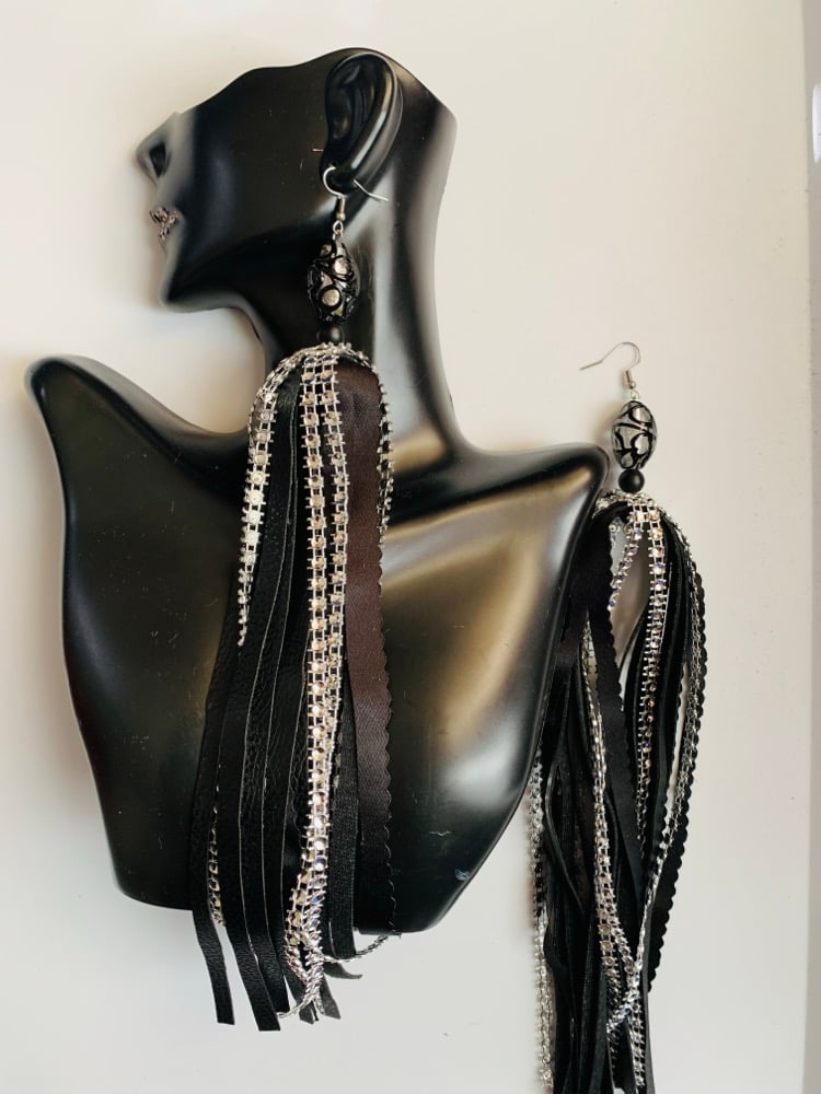 Image of Black Rhinestone Tassel Earrings