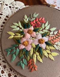 Image 2 of 6” Pink floral embroidery with green leaves on brown fabric 