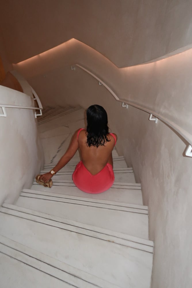 Image of CORAL BACKLESS MINI DRESS WITH DRAPED DETAIL (XS)