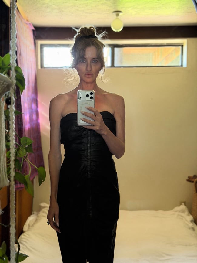 70s leather strapless ruched rock and roll dress