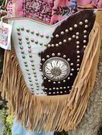 Image 9 of Yellowstone cowboy print suede fringe  Brown cream tan