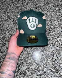 Image 4 of BEIGE BRIM PINE GREEN PARTLY CLOUDY  MILWAUKEE BREWERS CUSTOM FITTED CAP