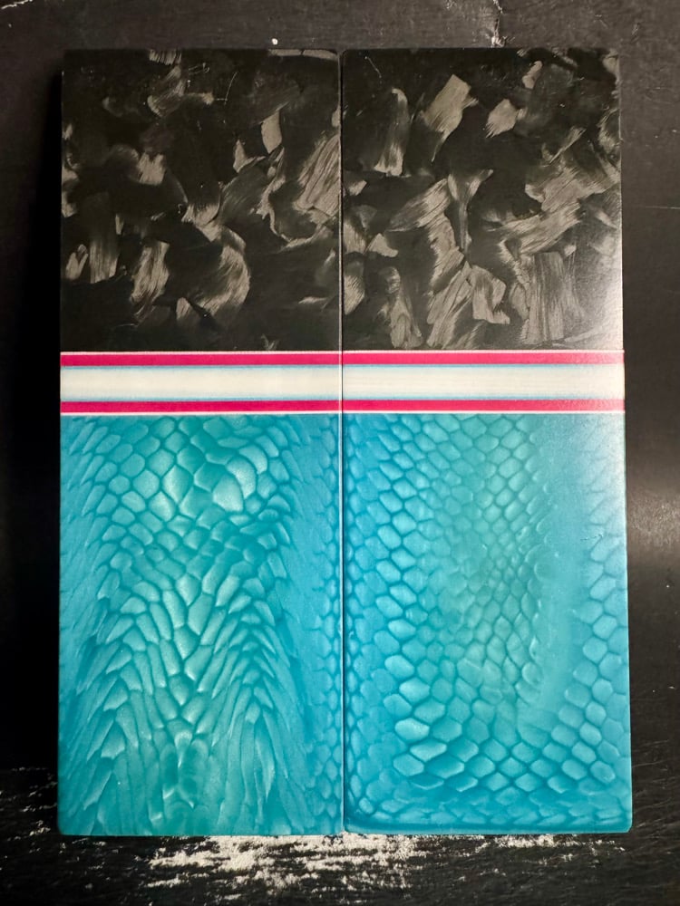 Image of Large Flake Carbon Fiber & Teal Juma Resin GLOW Segmented Knife Scales
