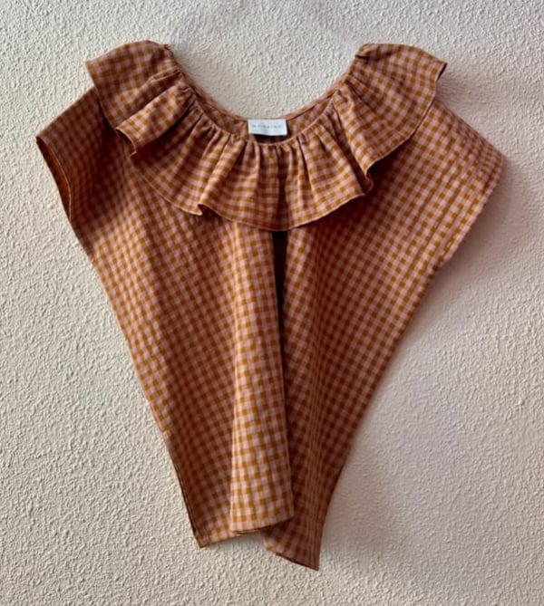 MUSTARD AND PINK VICHY SEERSUCKER HUIPIL WITH RUFFLE