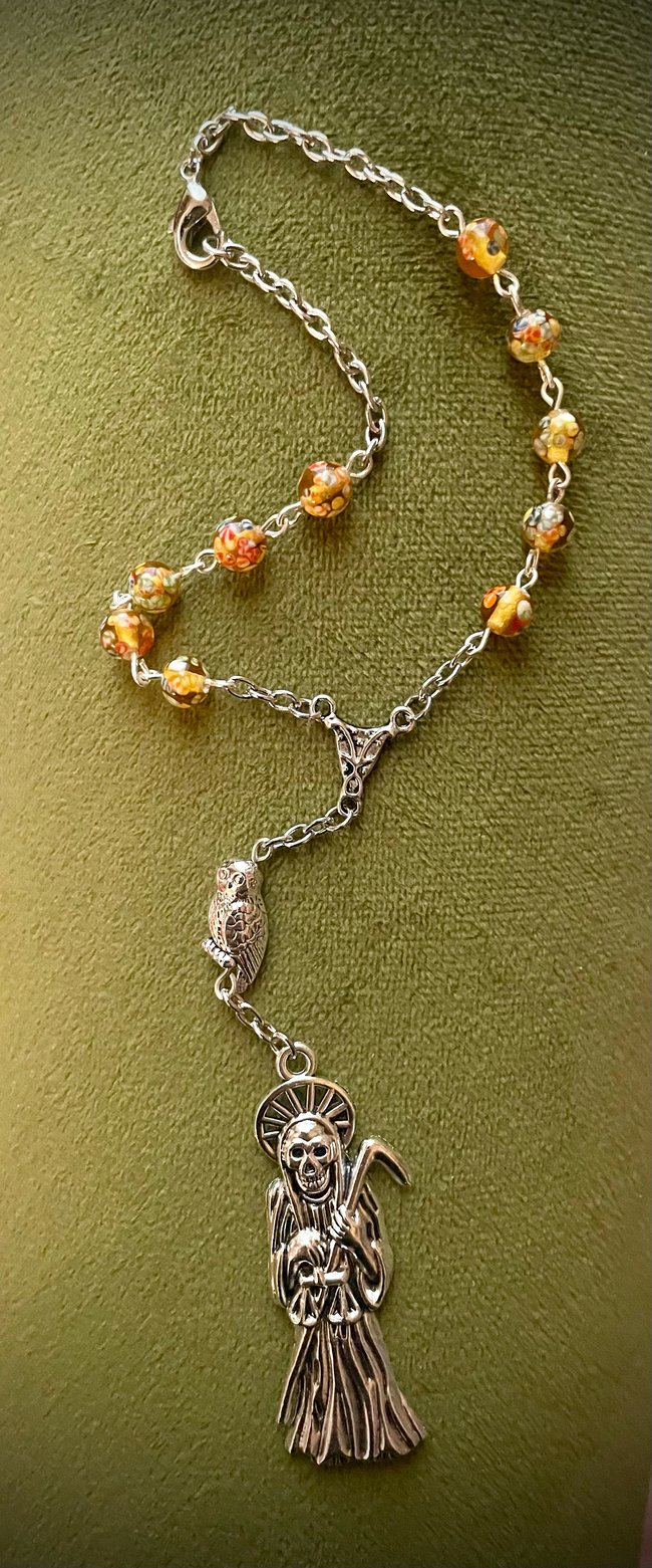 Santa Muerte Car Rosary - Gold Pattern