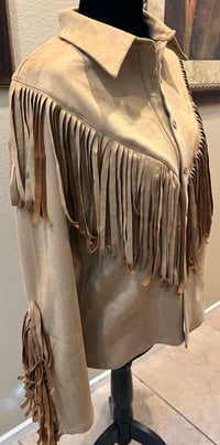 Image 2 of Faux Suede Caramel Fringe Jacket Biker Skull