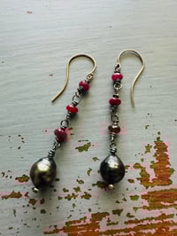 Image 15 of ruby and Tahitian pearl dangle earrings by peacesofindigo