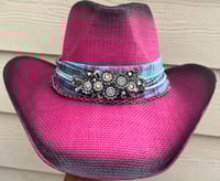 Image 1 of 2 Tone Hot Pink/Black Cowboy Hat Plaid Band w/Crystal Flowers