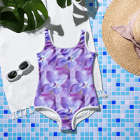 Image 2 of All-Over Print Youth Swimsuit (purple floral)