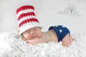 Image of knitted baby 4th of July hat and diaper cover set