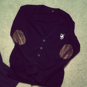 Image of Vintage LYD Cardigan (Black/White) w/ Dark Brown Suede Elbow Patches