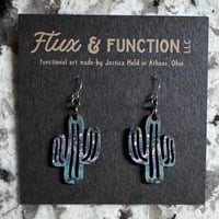 Image 1 of Wood Dangle Cactus Earrings with Poured Paint Detail #212