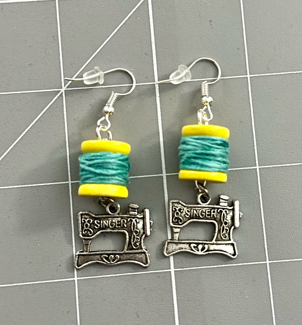 Image of Mini Thread Spool Sewing Machine Earrings
