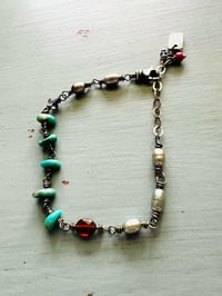 Image 18 of silvery pearl and turquoise nugget charm bracelet with adjustable chain