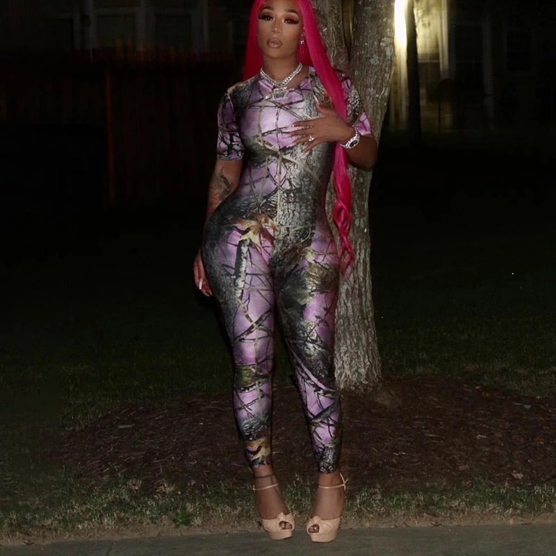 Image of Leaf print womenβs jumpsuit o-Neck