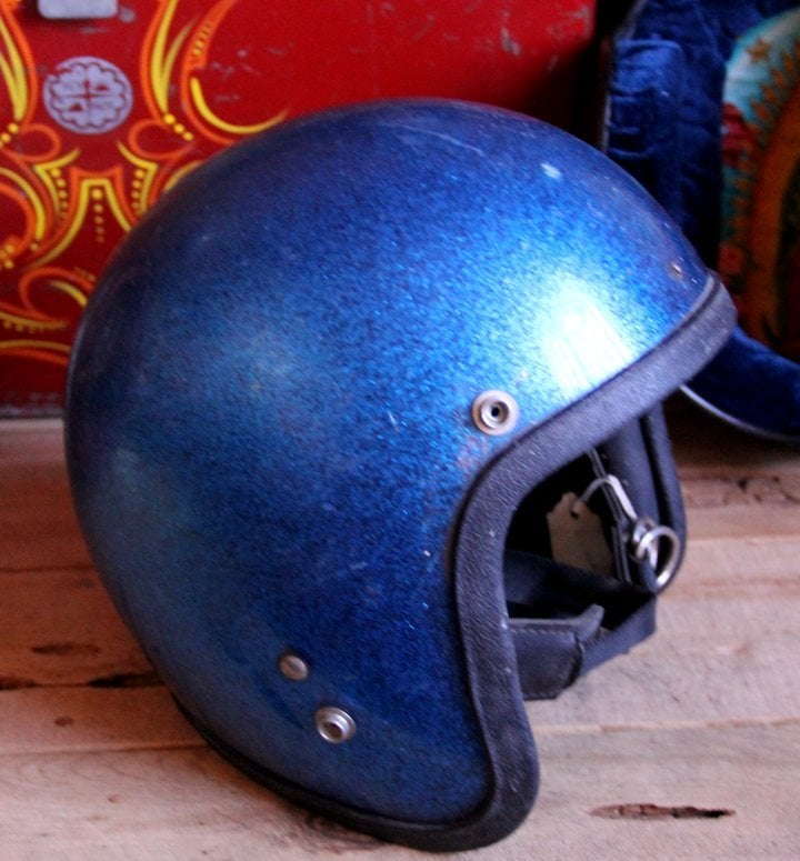 Image of 3/4 Blue Helmet with Leather Ear Flaps