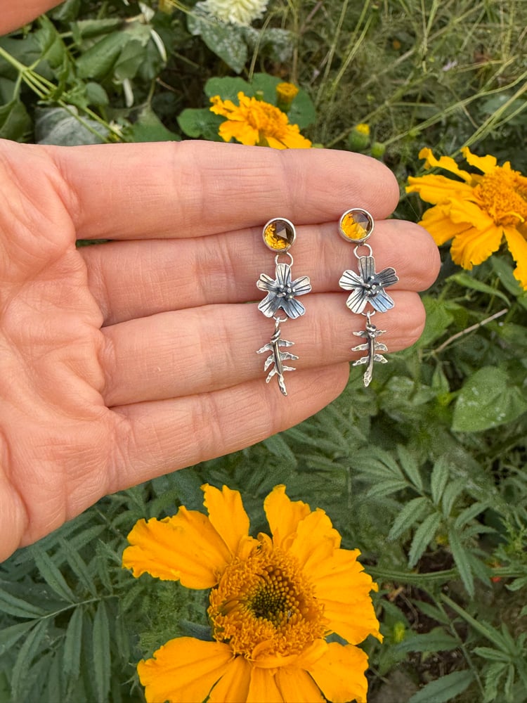 Image of Signet Marigold Flowers Leaves Citrine Stud Earrings