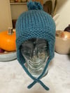 Blue Hand Knit Winter Hat with PomPom And Tie Cords