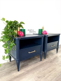 Image 2 of Vintage Stag Chateau Bedside Tables / Bedside Cabinets painted in navy blue.