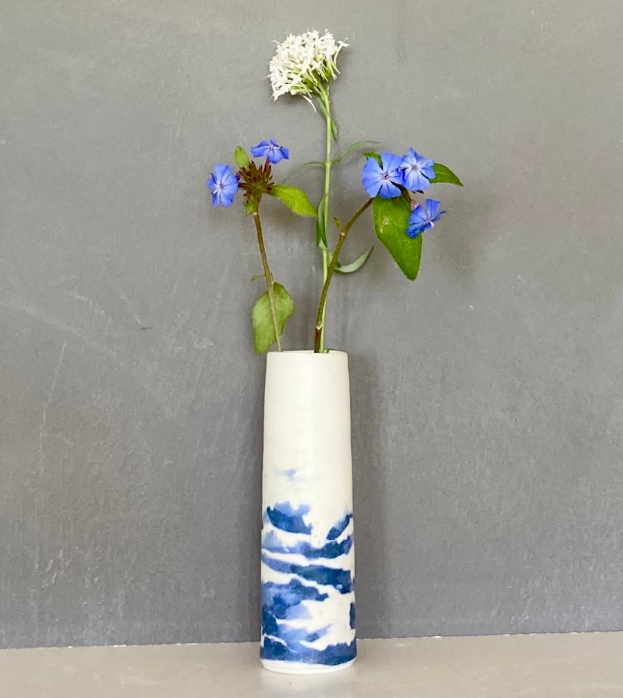 Image of Small Blue & White Sgraffito Vase