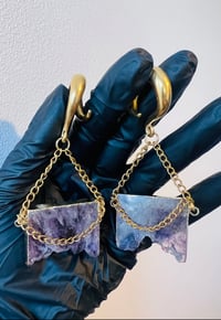 Image 3 of Ear Weights - Amethyst Slice - For Stretched Ears - Ear Hanger Hooks - PAIR Golden Ear Weights