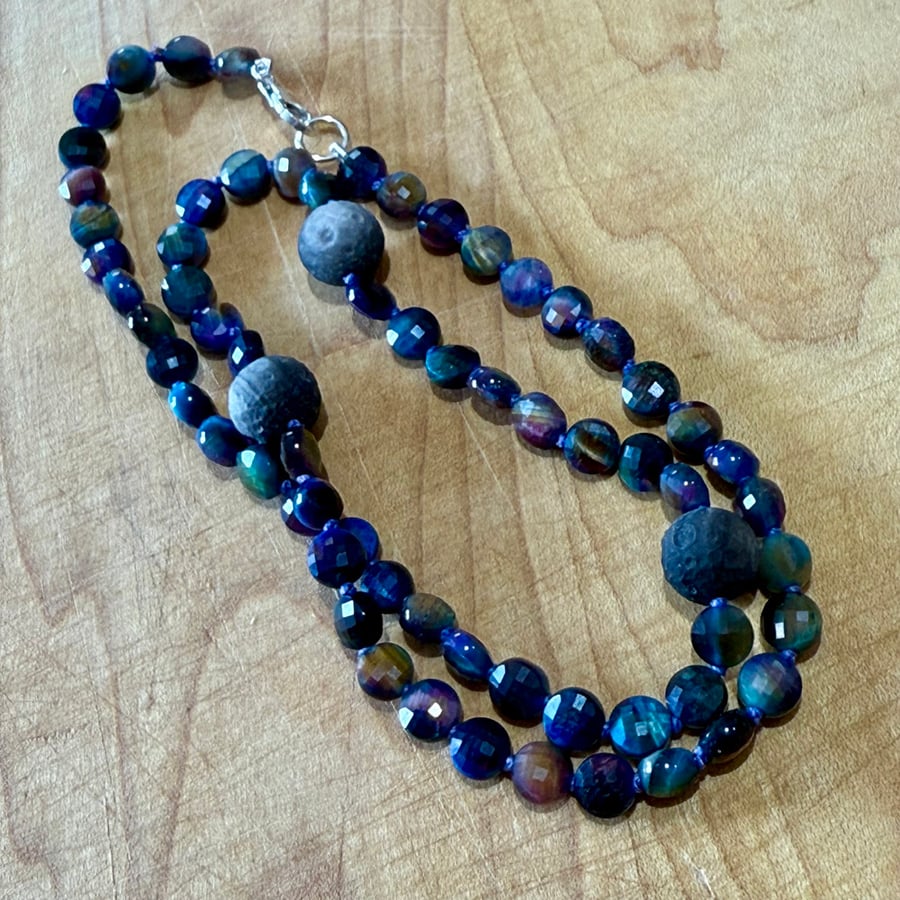 Image of Galaxy Tigers Eye & Natural Silver Obsidian Handcarved Meteorite Beaded Necklace