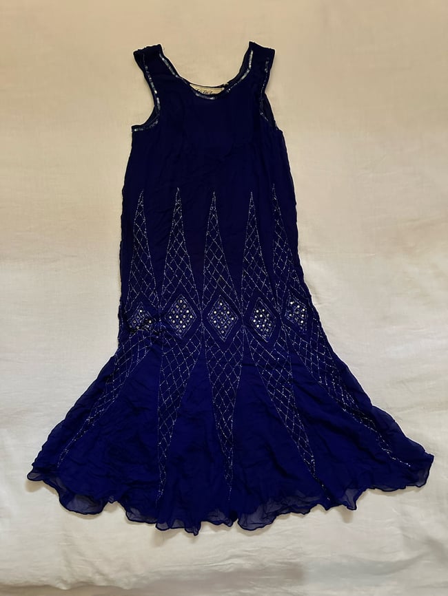 70s does 20s Saks Fifth Avenue sapphire silk flapper dress 