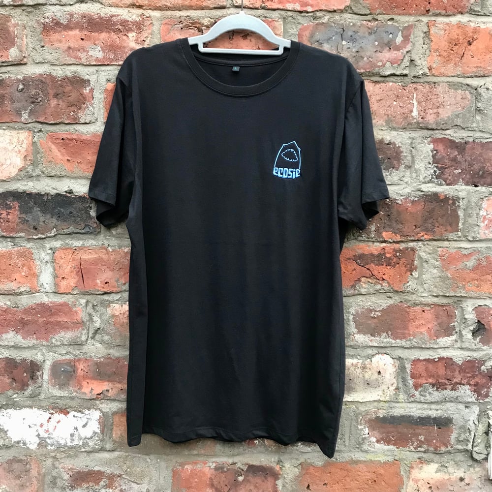 Image of Black Organic Cotton T-shirt, Blue Embroidered McSharky