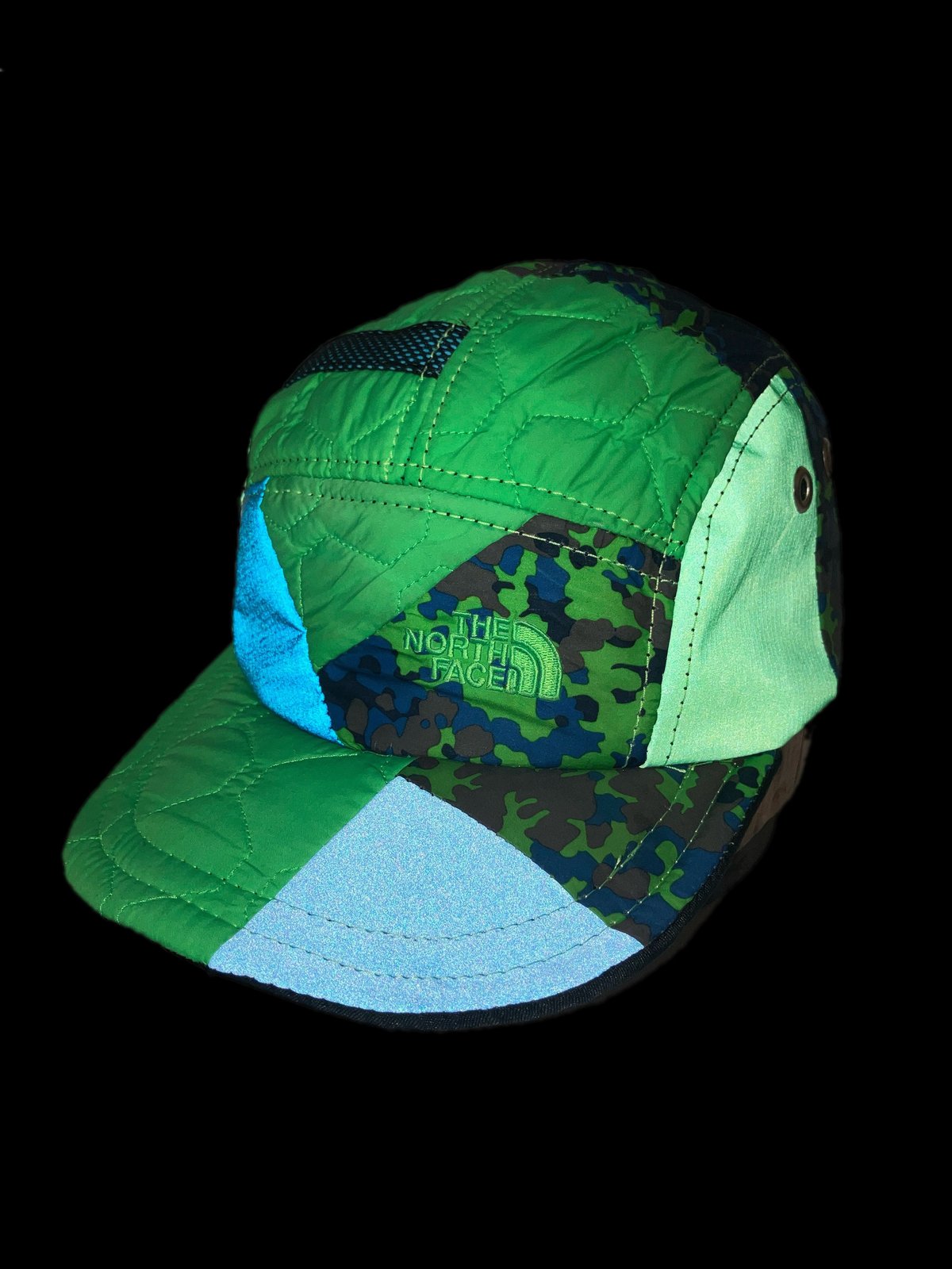 Neon Camo Reflective Blue/Green North Face Upcycle Quilted Brim