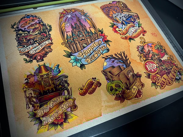 Image of Disney Inspired Ride Vehicle Traditional Tattoo Flash Sheet: Ride05 11x14