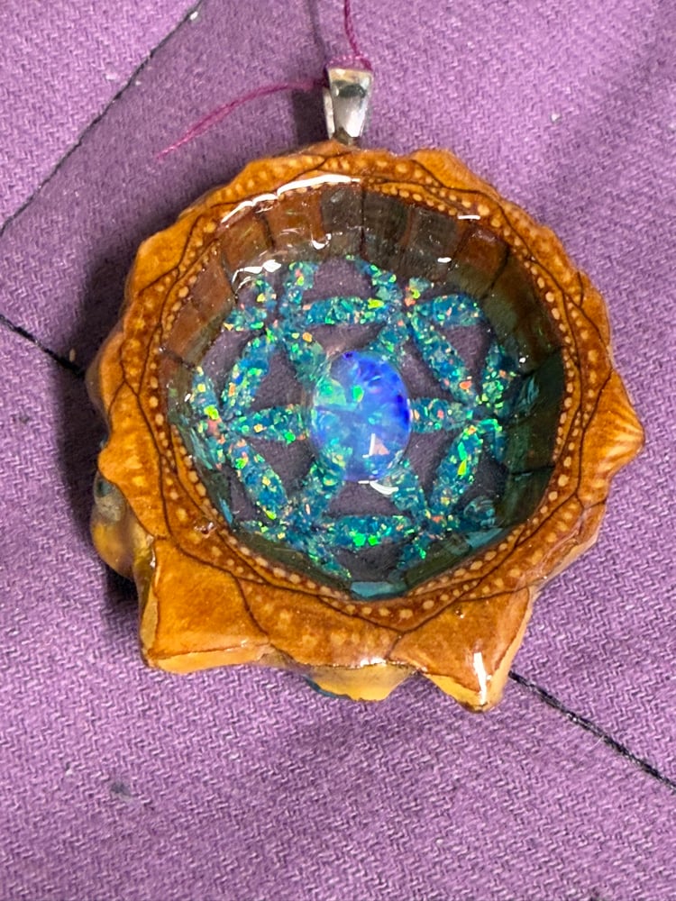 Image of Fire Opal with Crushed Opal Flower of Life Background Charm | PNW Handcrafted Jewelry | #133