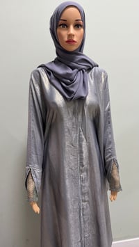 Image 5 of Korean shimmer fabric Flared sleeve abaya Gray close come with a matching scarf 
