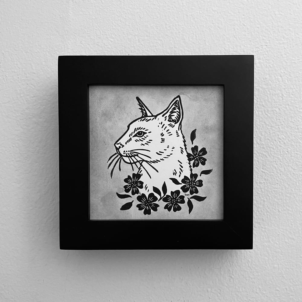 Cat Portrait Linocut And Watercolor Print