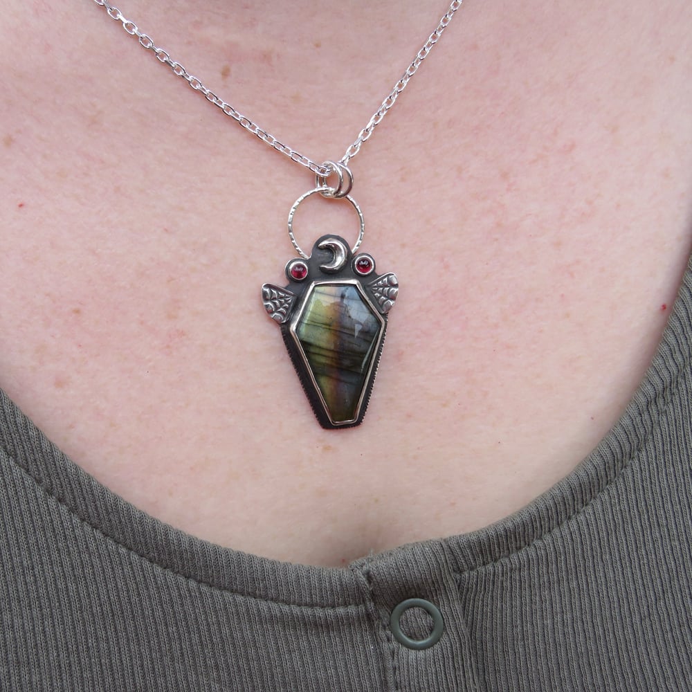 Spectral Slumber Labradorite and Garnet Coffin Pendant Sterling Silver - Spiderweb Detail