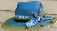 Image 2 of Handmade Blue/Green Painted Fedora Hat, Layered Band Feathers & Butterfly