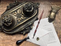 Image 1 of Grand encrier double en bronze massif, feuille de vigne, 1900