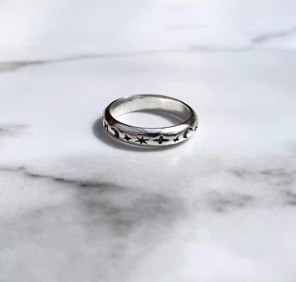 Chunky Rounded Silver Witch Ring With Stars And Moons. Sterling.